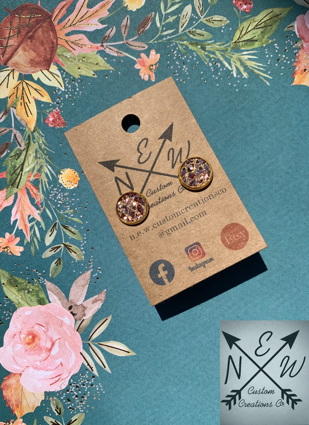 Rose Gold Glitter with Rose Gold Lattice Accent Stud Earrings with Push Back Closure