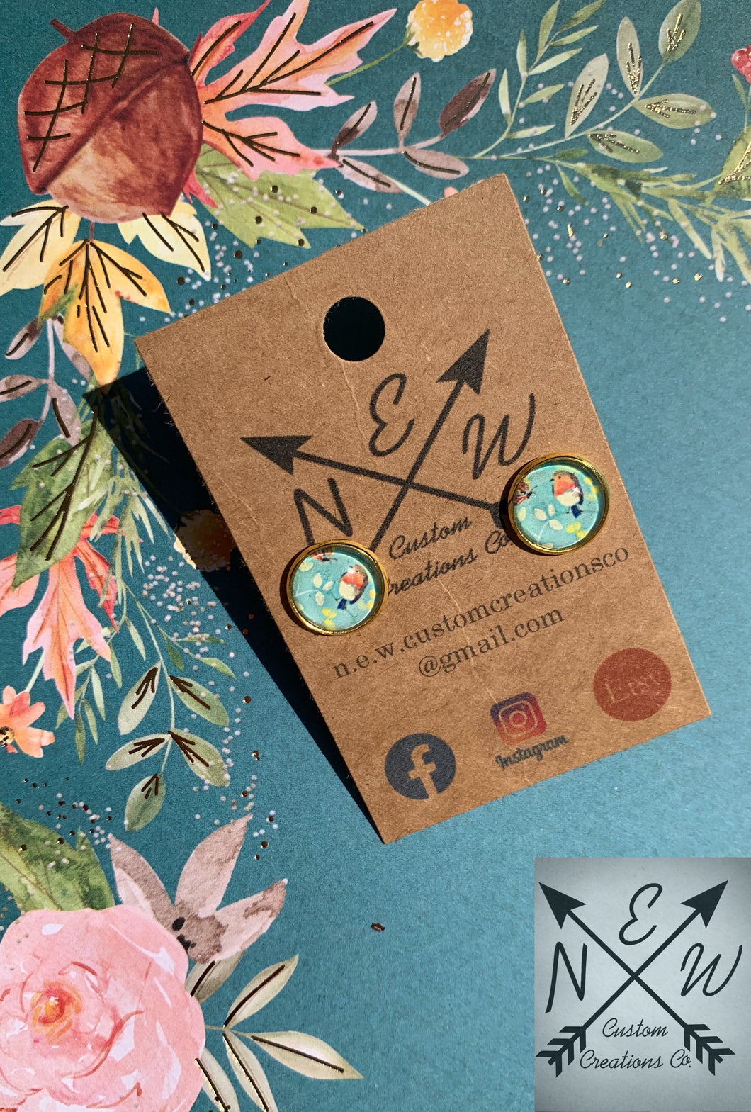 Vintage Inspired Bird and Floral Cabochon Stud Earring with Push-back Closure