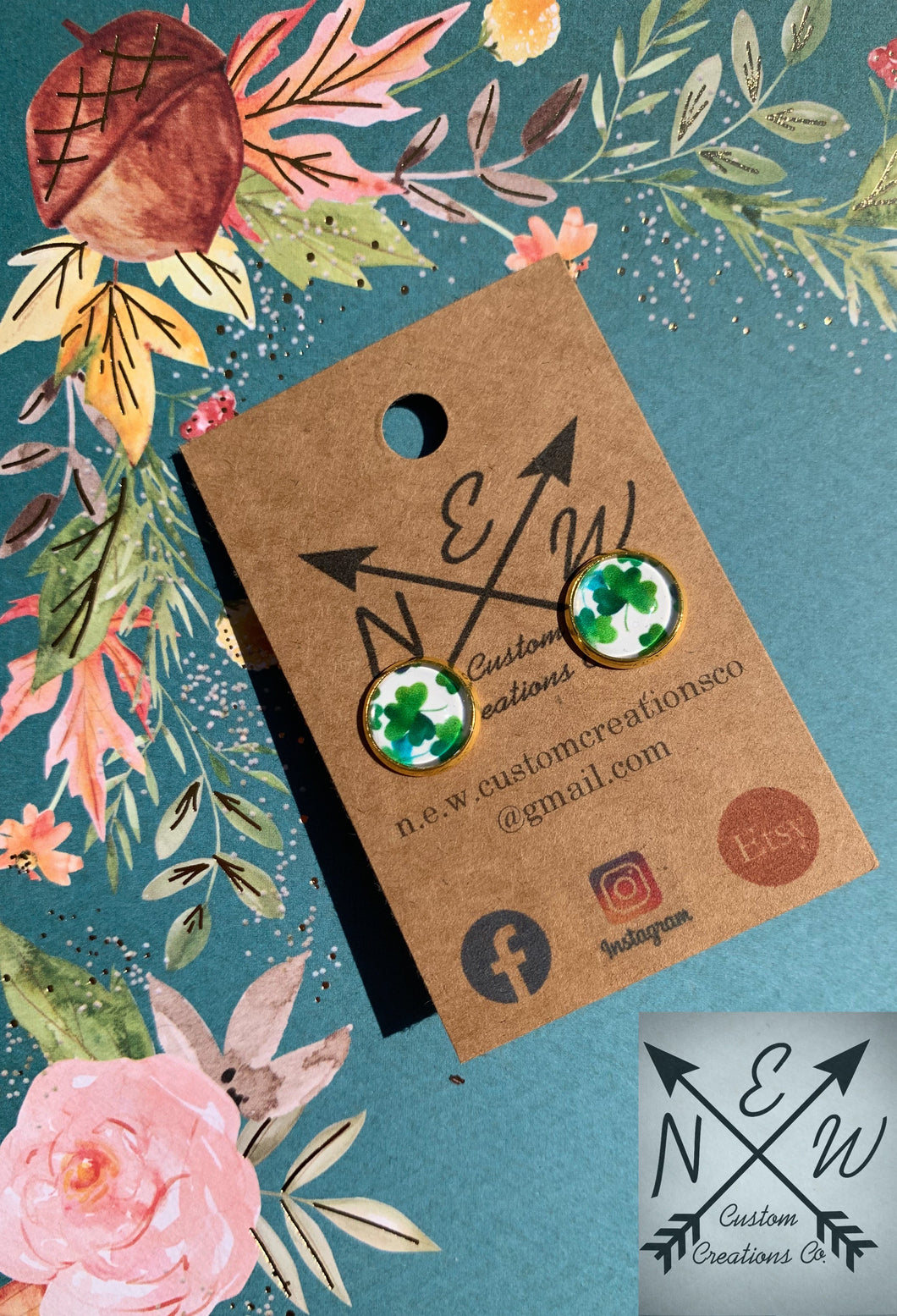 Shamrock Cabochon Stud Earrings with Push Back Closure