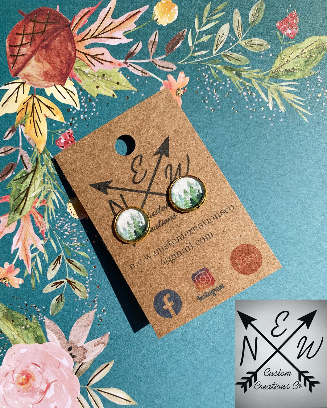 Evergreen Forest Cabochon Stud Earrings with Push Back Closure