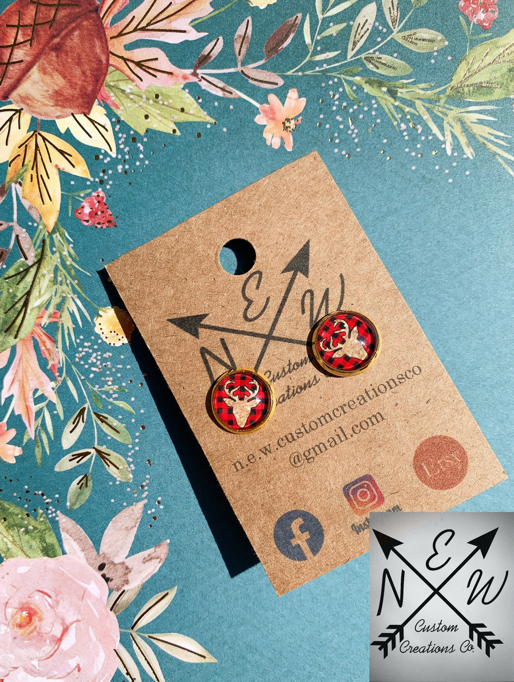 Red and Black Buffalo Plaid with Gold Stag Cabochon Stud Earrings with Push Back Closure