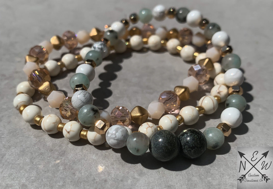 Aqua, Champagne/Pink, White and Gold Beaded Bracelet Set