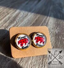 Load image into Gallery viewer, Mama Bear 12mm Cabochon Stud Earrings with Push Back Closure/Buffalo Plaid/Floral/Gift/Mom Gift/New Mom Gift/Gold Colored/Silver Colored
