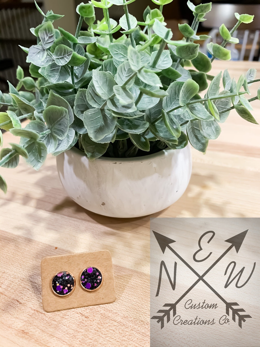 Black with Iridescent Purple Accents Chunky Glitter Stud Earrings with Push-back Closure