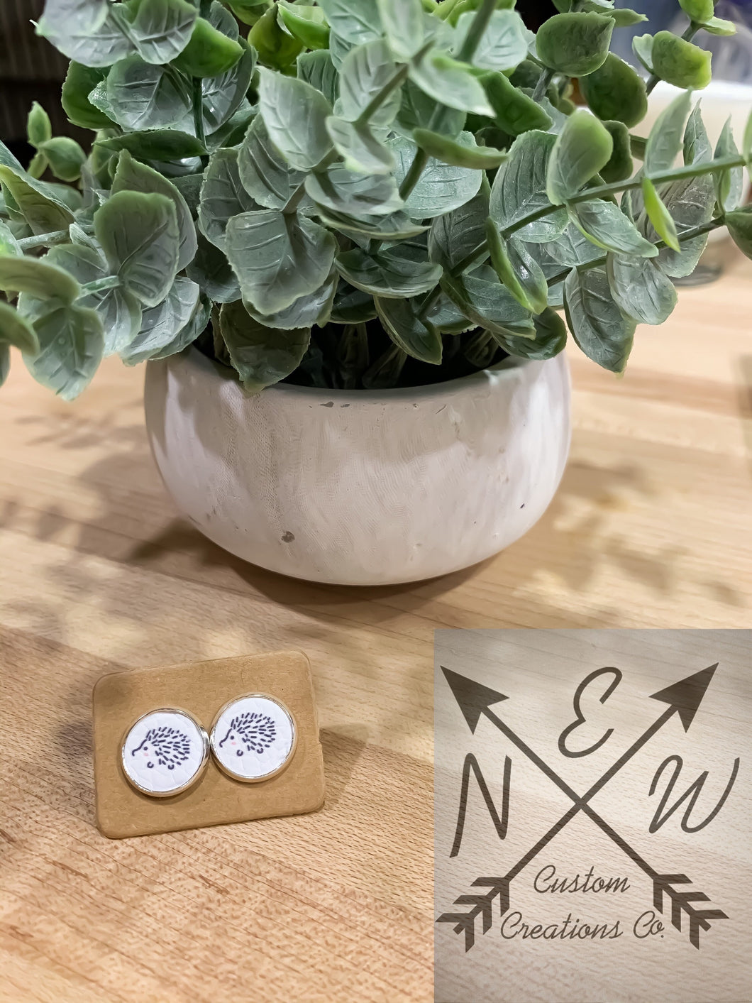 Hedgehog White Vegan Leather Stud Earrings/Vegan