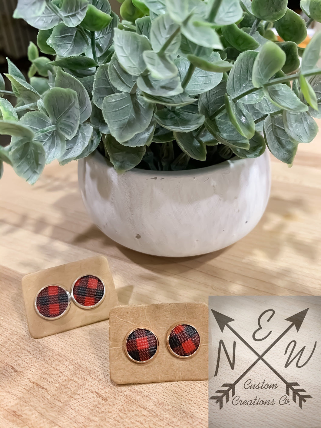 Red/Black Buffalo Plaid Vegan Leather Stud Earring with Push-Back Closure