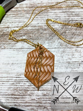 Load image into Gallery viewer, Camel Brown Woven Vegan Leather Necklace with Wood Backing on 18k Gold Chain with 18K gold chain accent/Fall/Christmas Gift/Gift
