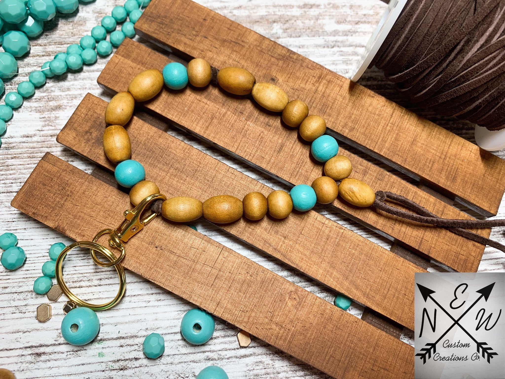 Adjustable Wood Bead on Suede Cord Bracelet Keychain with Gold
