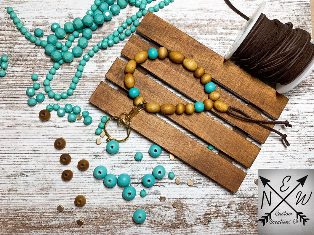 Adjustable Wood Bead on Suede Cord Bracelet Keychain with Gold Accents/Mom Gift/Christmas Gift/Turquoise/Brown/Boho Style