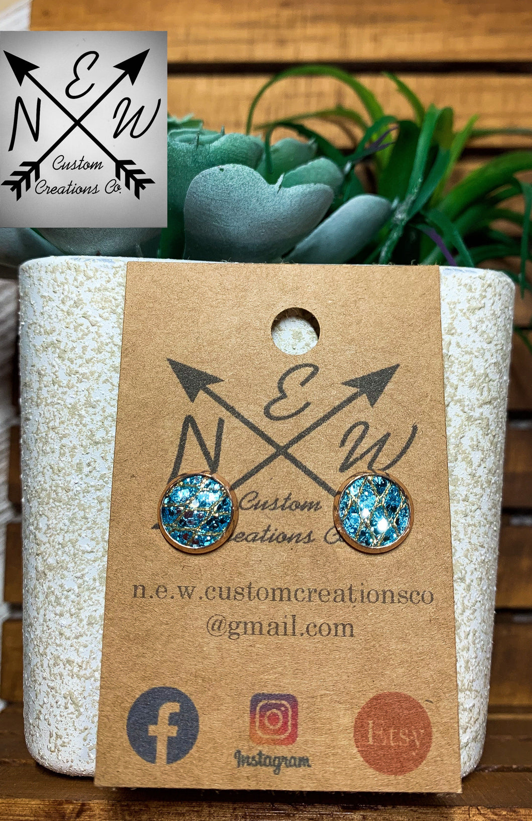 Aqua Blue Glitter with Gold Lattice Accent Stud Earrings with Push Back Closure