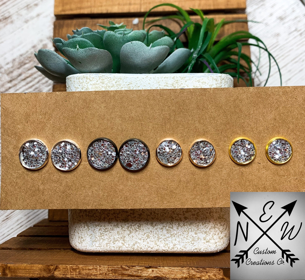 Chunky Silver Glitter Stud Earrings with push back