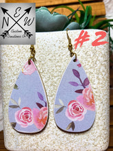 Load image into Gallery viewer, Periwinkle Blue Floral Pattern on Wooden Teardrop Earring
