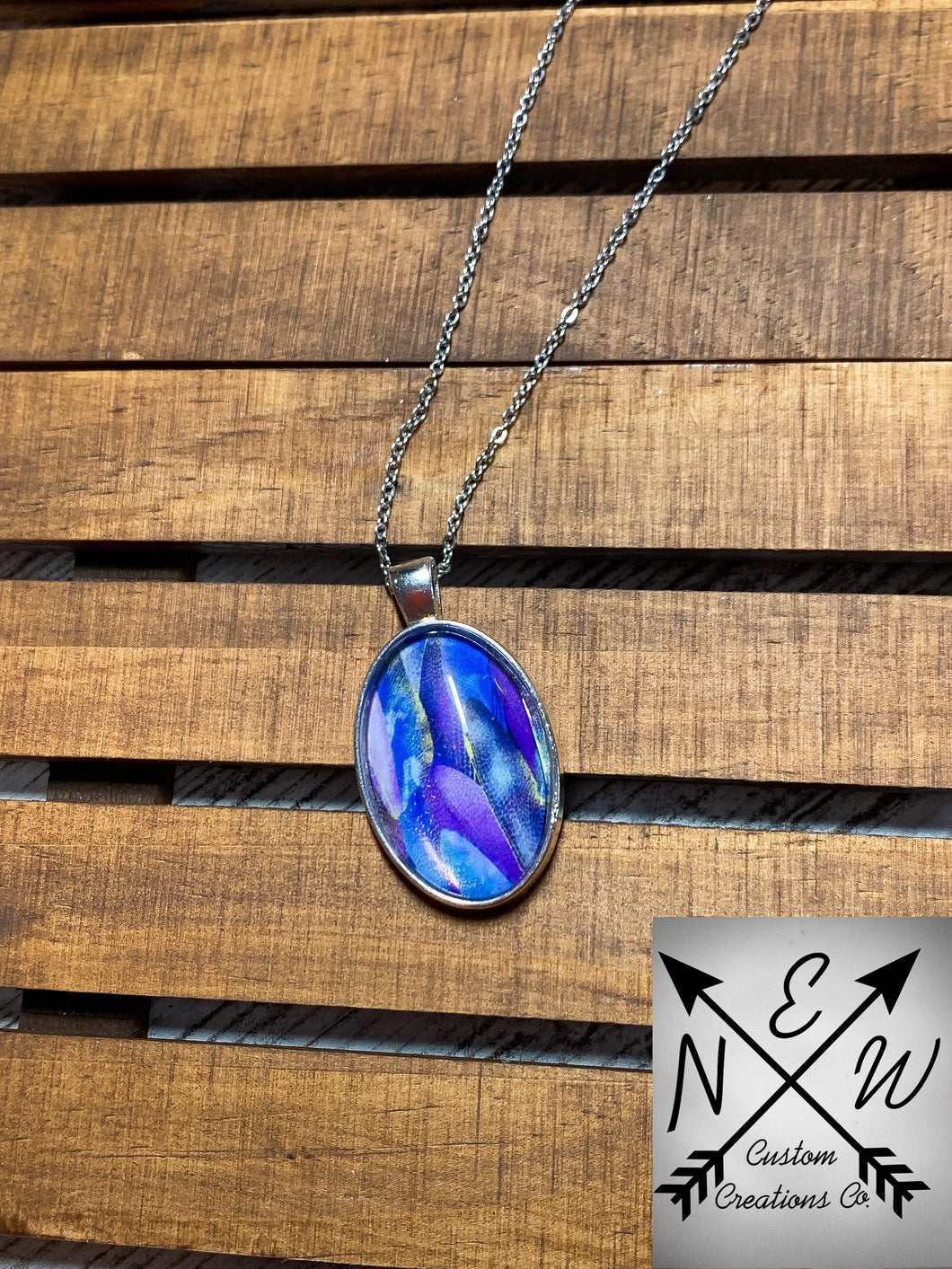 Abstract Purple/Blue Feathers Oval Cabochon Necklace