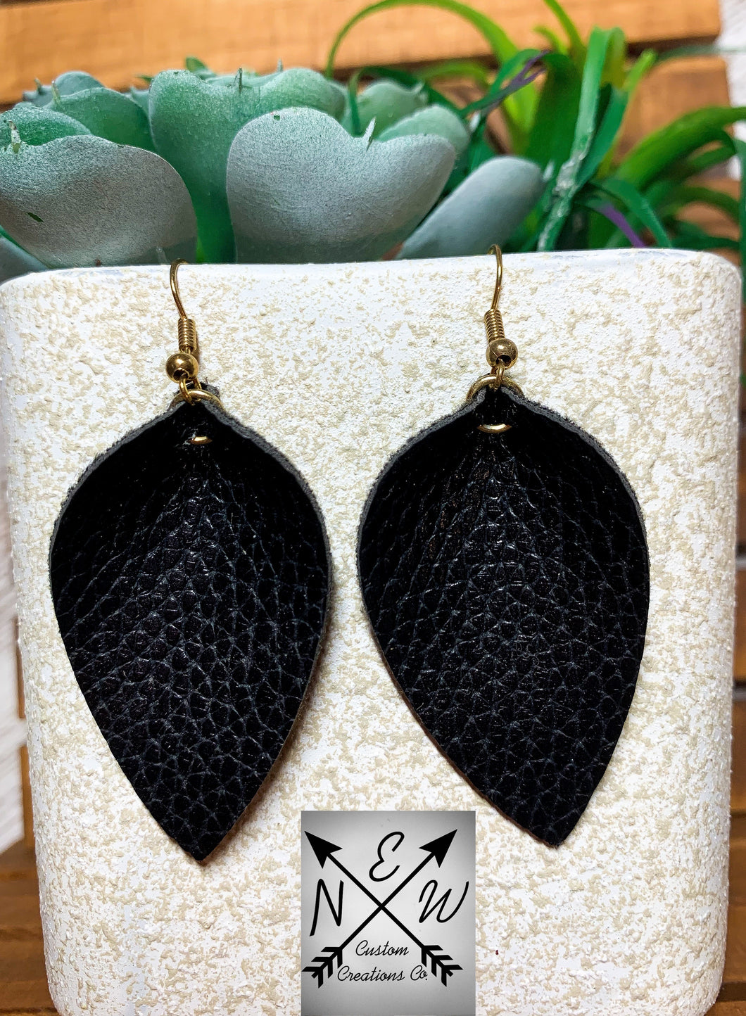 “Maggie” Our Pinched Leaf Black Vegan Leather Earrings