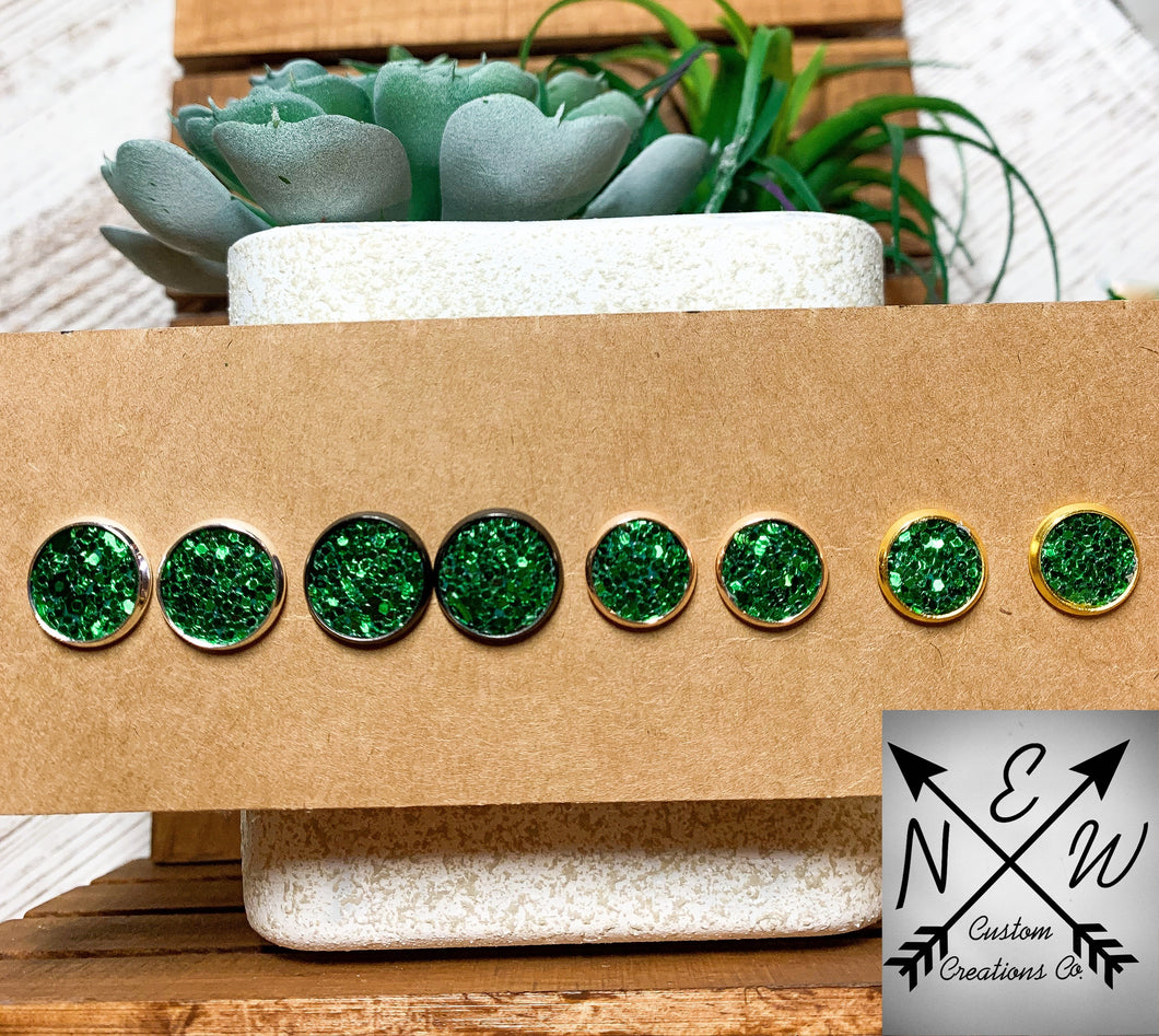 Chunky Green Glitter Stud Earrings with push back