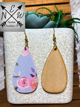 Load image into Gallery viewer, Periwinkle Blue Floral Pattern on Wooden Teardrop Earring
