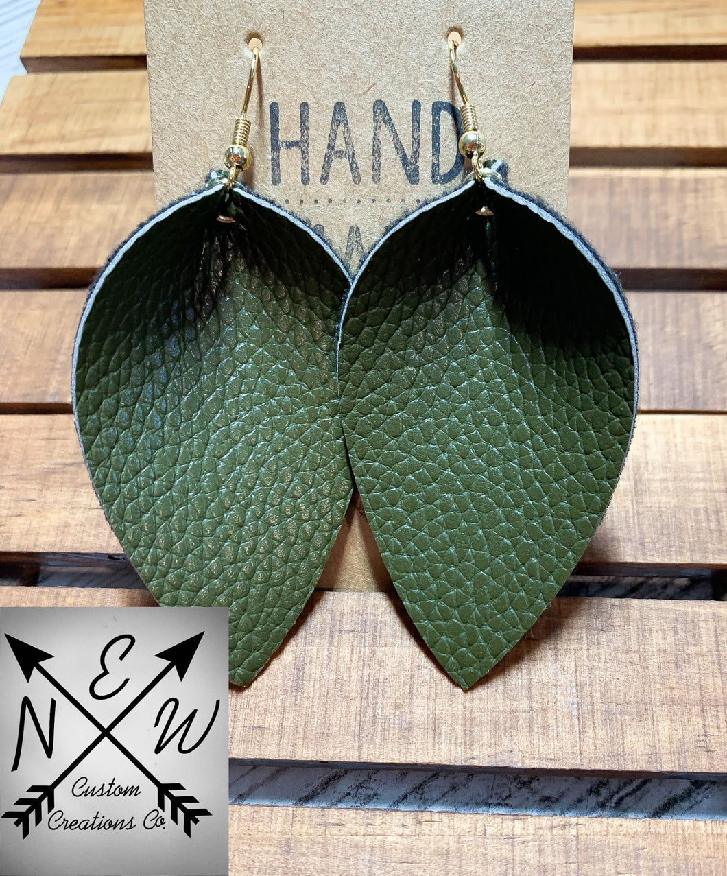 “Maggie” Our Pinched Leaf Army Green Vegan Leather Earrings