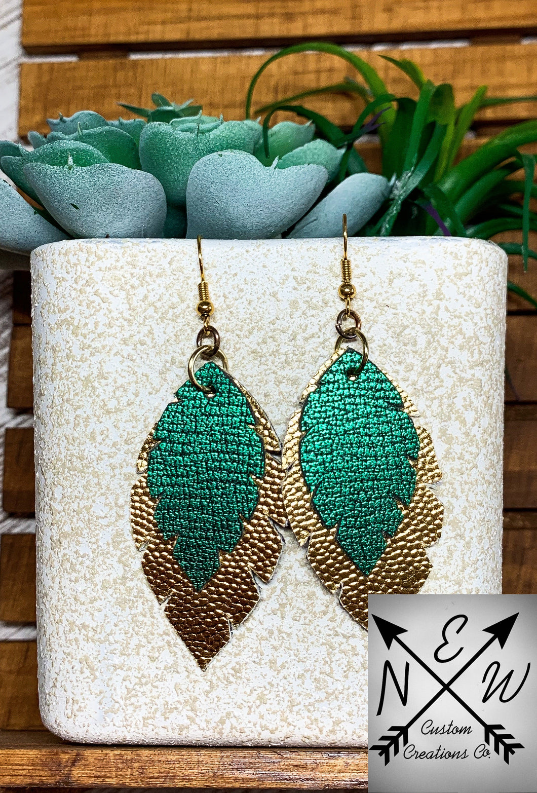 *One Of a Kind* Green and Gold Dual Layer Chunky Feather Vegan Leather Dangle Earrings