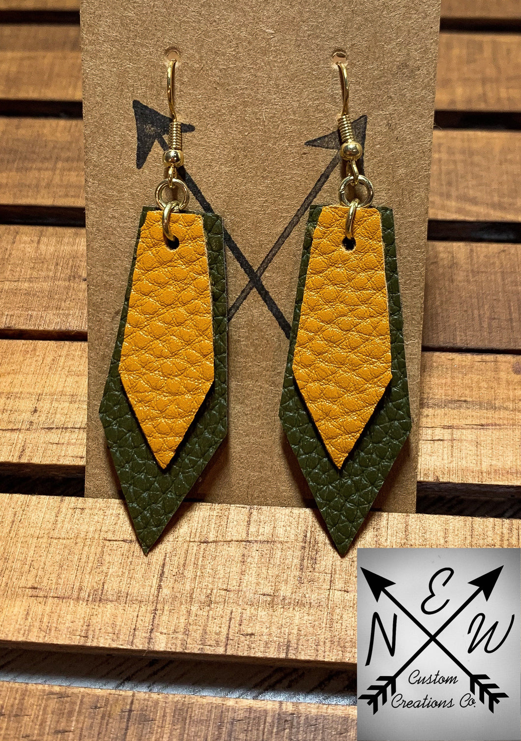 *One Of A Kind* Olive Green & Mustard Gold Elongated Pentagon Vegan Leather Dangle Earrings