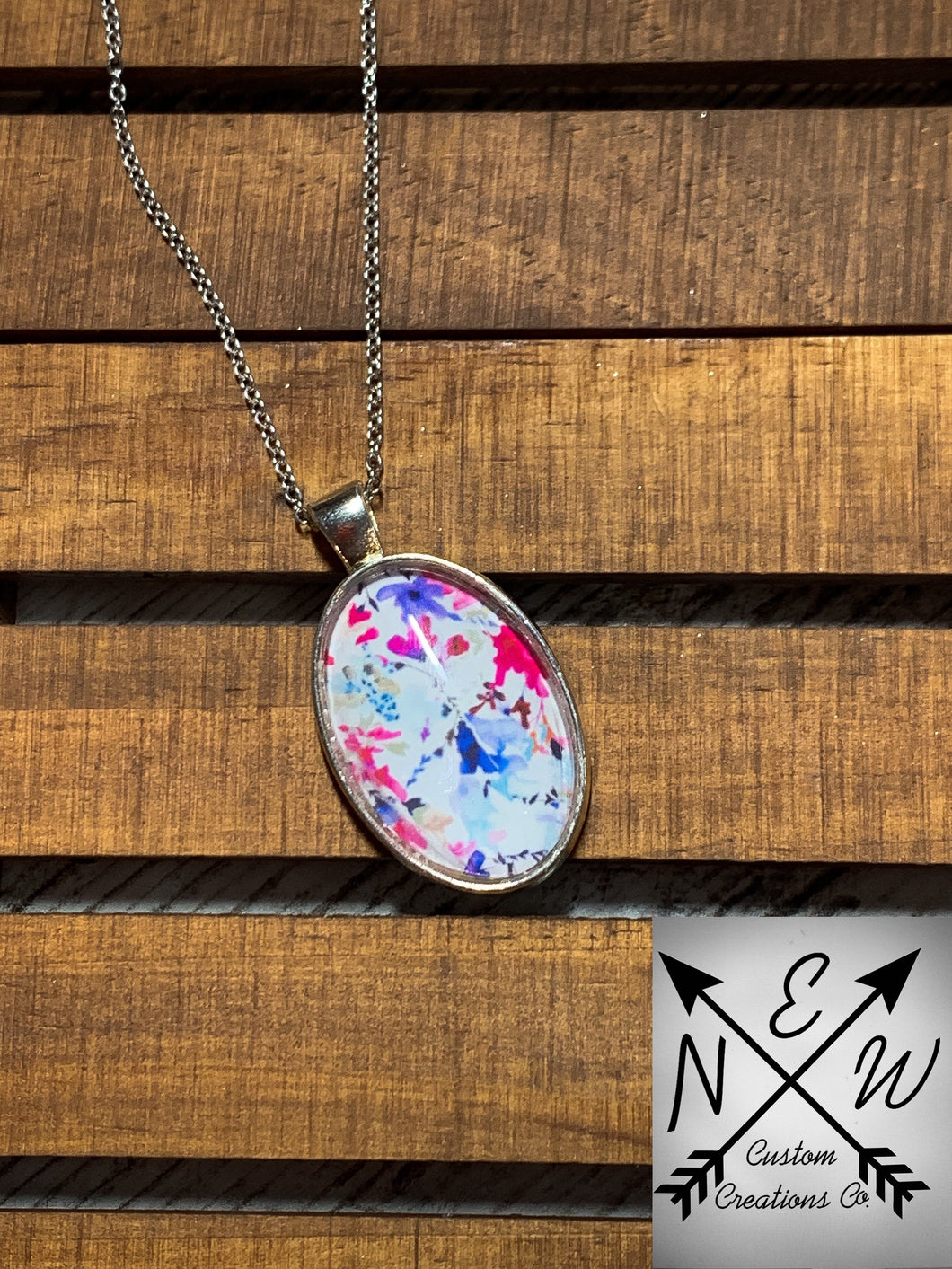 Abstract Multi Colored Floral Oval Cabochon Necklace