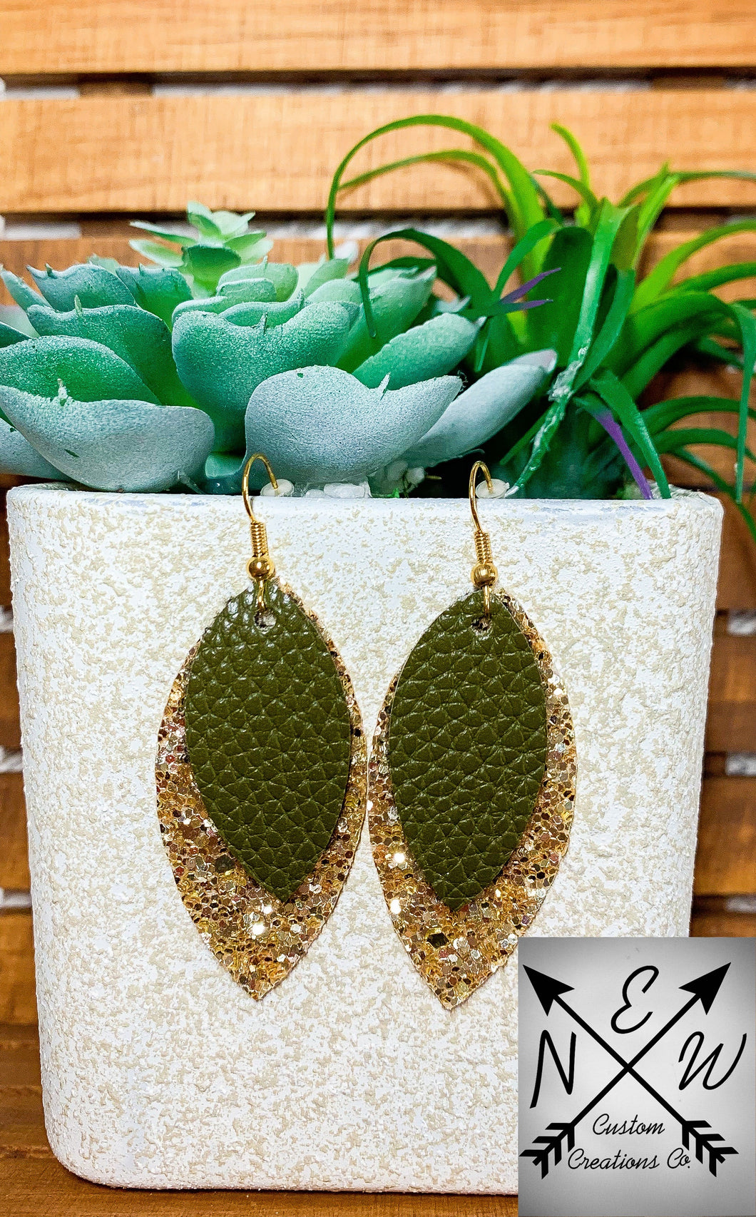 Olive Green Vegan Leather & Gold Chunky Glitter Dangle Earrings