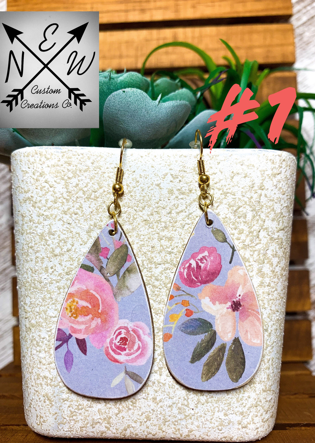 Periwinkle Blue Floral Pattern on Wooden Teardrop Earring