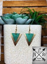 Load image into Gallery viewer, Dual Geometric Triangle Vegan Leather Dangle Earrings
