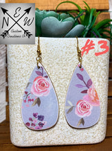 Load image into Gallery viewer, Periwinkle Blue Floral Pattern on Wooden Teardrop Earring
